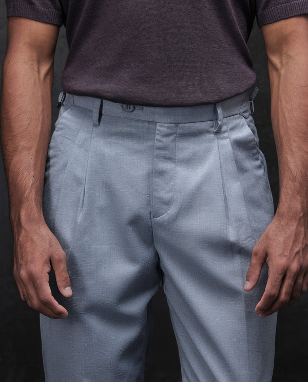 Rare Rabbit Men Rhesa Light Blue Linen Blend Pleated Button Closure Relaxed Fit Plain Trouser