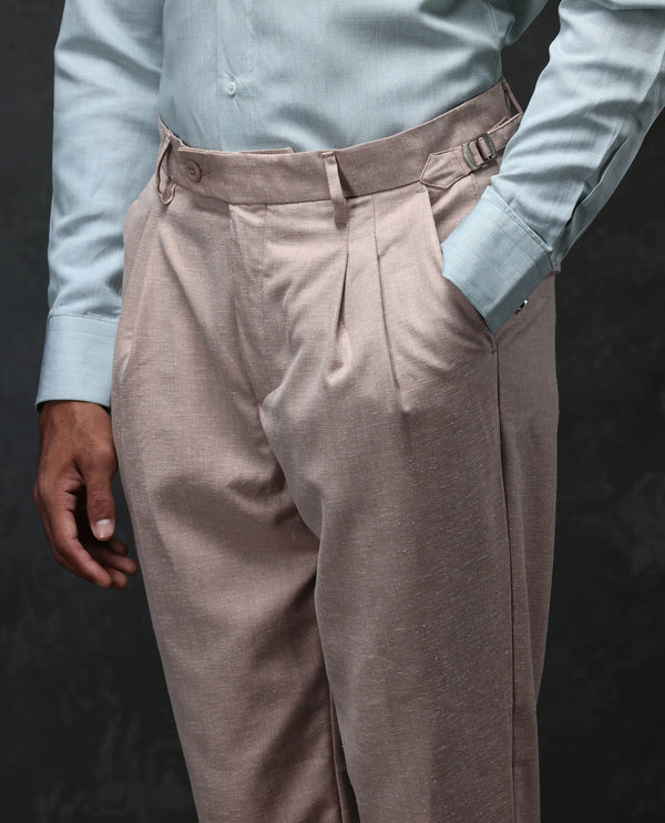 Rare Rabbit Men Rhesa Light Rust Linen Blend Pleated Button Closure Relaxed Fit Plain Trouser