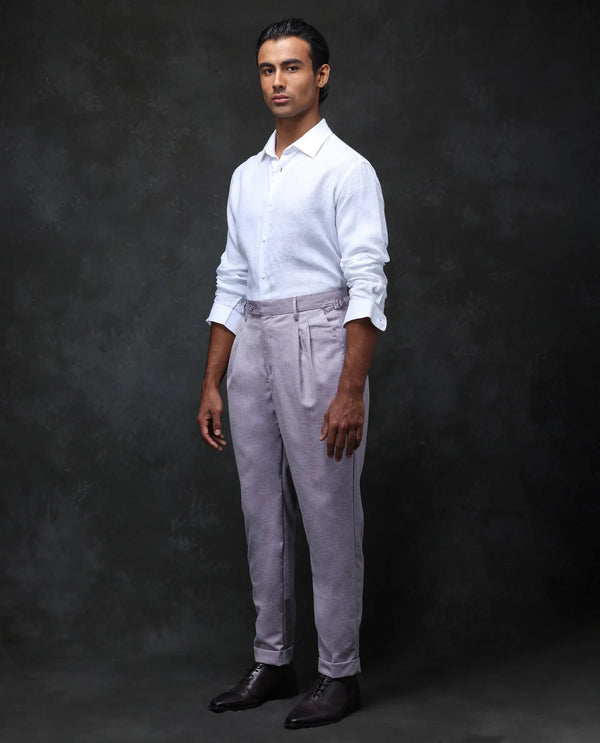 Rare Rabbit Men Rhesa Dusky Purple Linen Blend Pleated Button Closure Relaxed Fit Plain Trouser
