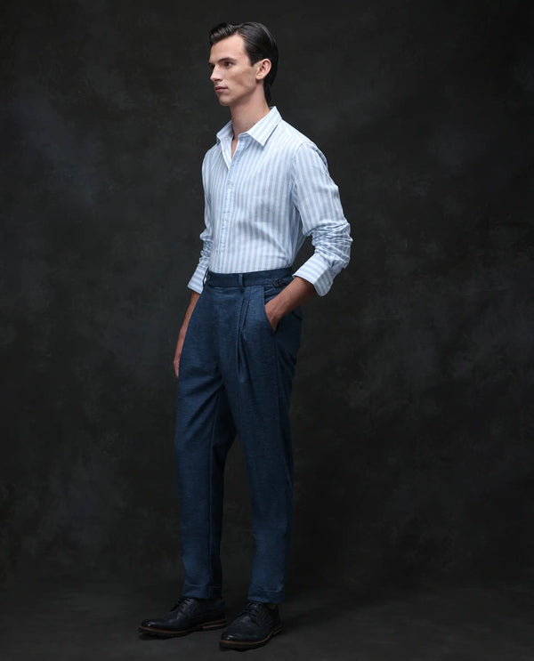 Rare Rabbit Men Rhesa Dark Teal Linen Blend Pleated Button Closure Relaxed Fit Plain Trouser