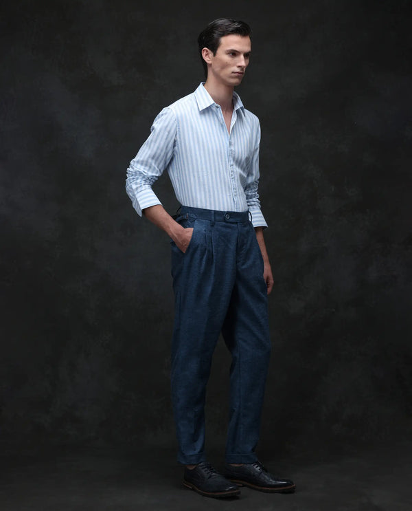 Rare Rabbit Men Rhesa Dark Teal Linen Blend Pleated Button Closure Relaxed Fit Plain Trouser