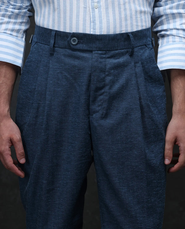 Rare Rabbit Men Rhesa Dark Teal Linen Blend Pleated Button Closure Relaxed Fit Plain Trouser