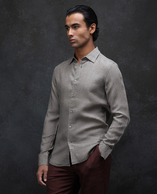 Rare Rabbit Men Dalin Beige Full Sleeve Melange Linen Fabric Regular Fit Plain Shirt