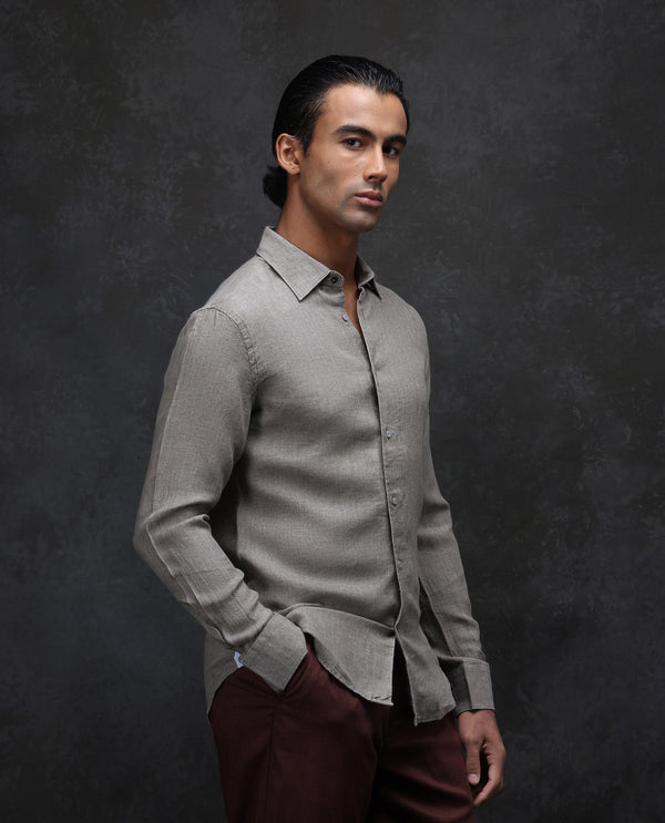 Rare Rabbit Men Dalin Beige Full Sleeve Melange Linen Fabric Regular Fit Plain Shirt