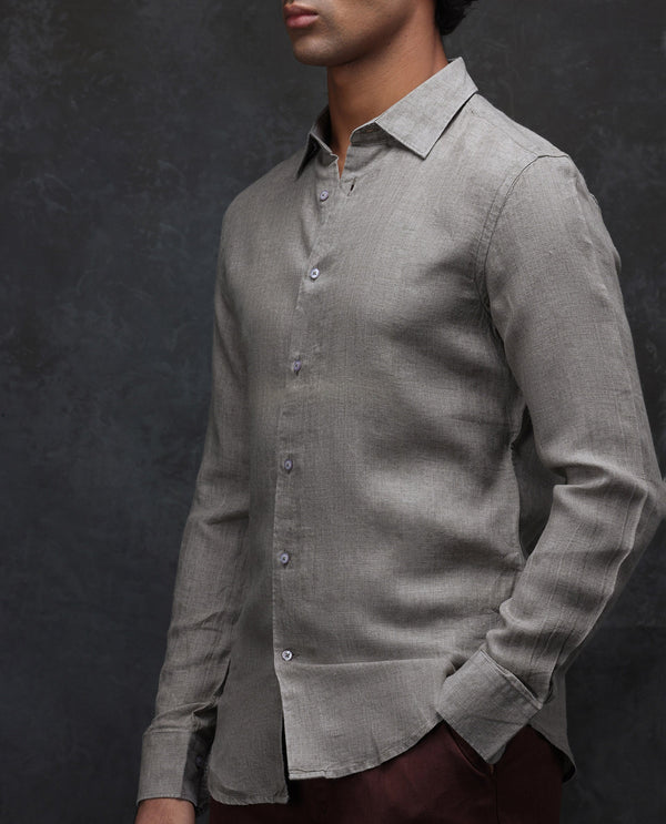 Rare Rabbit Men Dalin Beige Full Sleeve Melange Linen Fabric Regular Fit Plain Shirt
