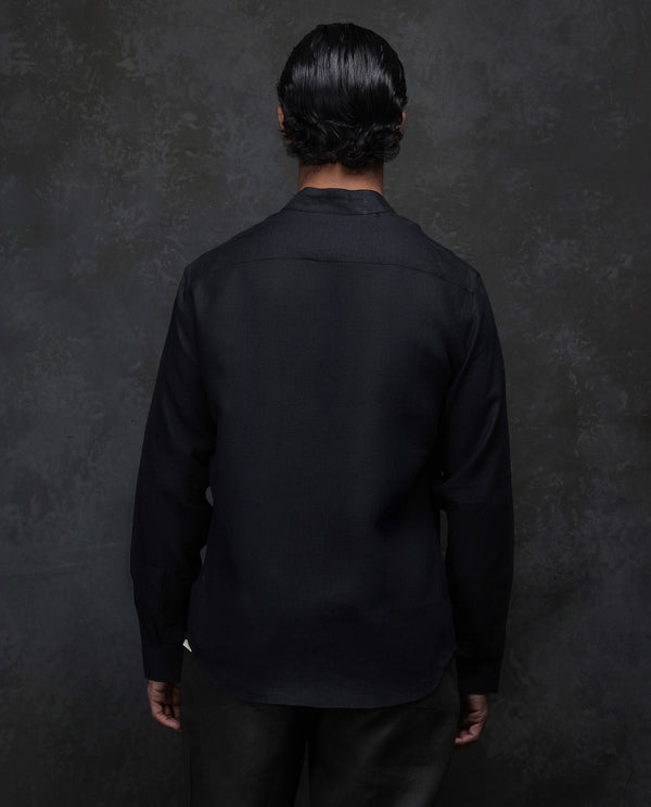 Rare Rabbit Men Fig Black Full Sleeve Mandarin Collar Regular Fit Solid Linen Shirt