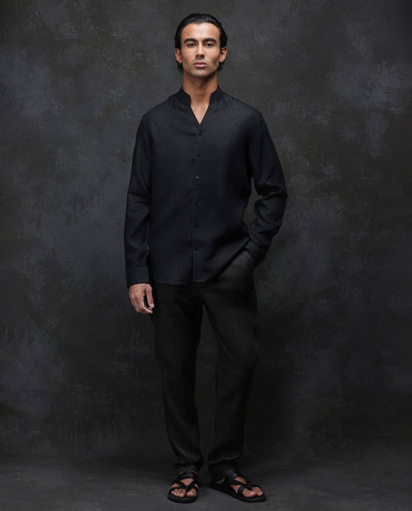 Rare Rabbit Men Fig Black Full Sleeve Mandarin Collar Regular Fit Solid Linen Shirt