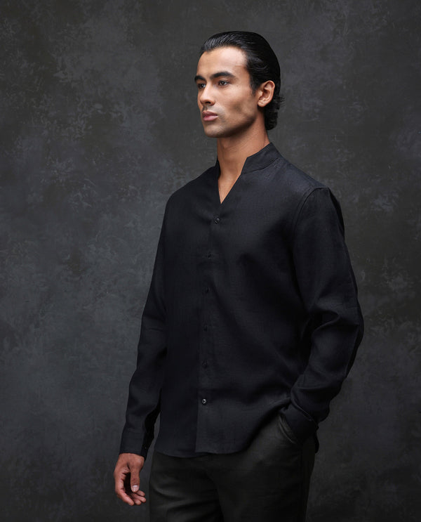 Rare Rabbit Men Fig Black Full Sleeve Mandarin Collar Regular Fit Solid Linen Shirt
