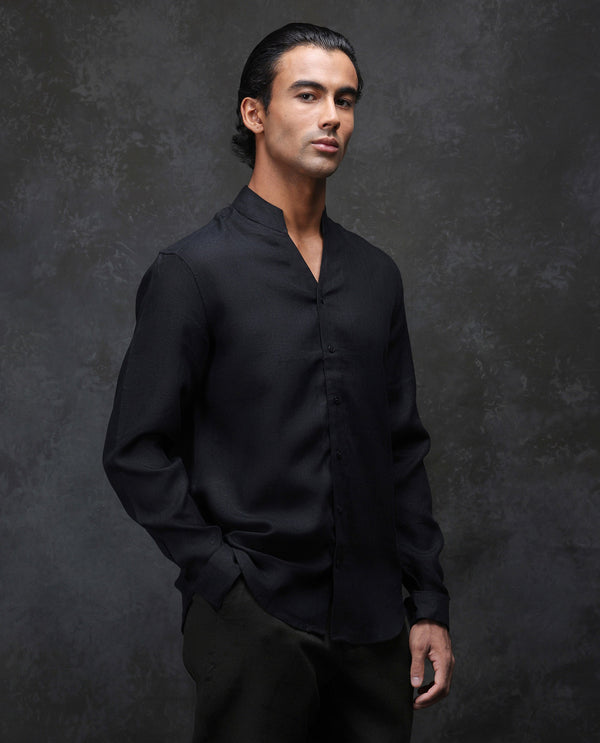 Rare Rabbit Men Fig Black Full Sleeve Mandarin Collar Regular Fit Solid Linen Shirt