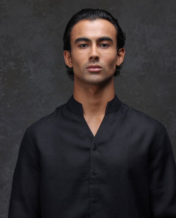 Rare Rabbit Men Fig Black Full Sleeve Mandarin Collar Regular Fit Solid Linen Shirt