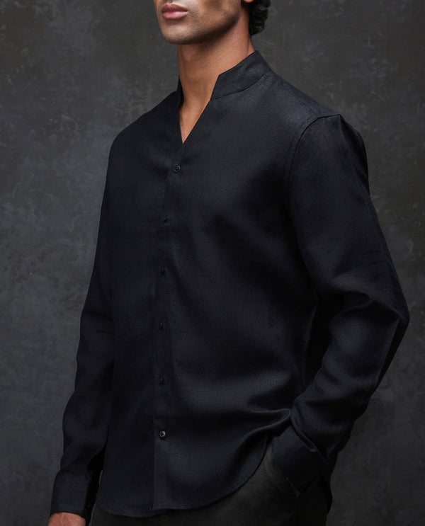 Rare Rabbit Men Fig Black Full Sleeve Mandarin Collar Regular Fit Solid Linen Shirt