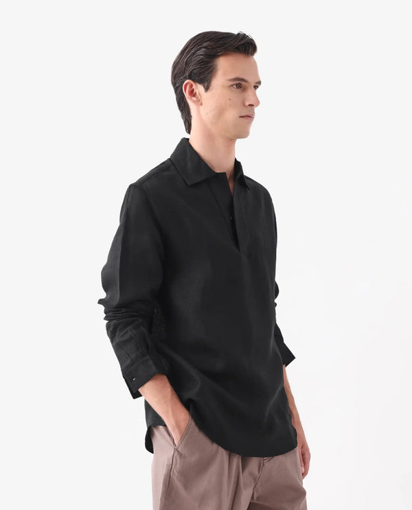 Rare Rabbit Men Figh Black Full Sleeve Broad Collar Button Closure Regular Fit Plain Shirt