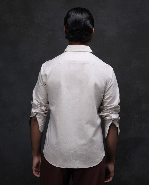 Rare Rabbit Men Dento Beige Cotton Linen Full Sleeve Regular Fit Stripe Print Business Linen Shirt