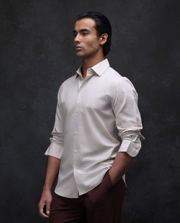 Rare Rabbit Men Dento Beige Cotton Linen Full Sleeve Regular Fit Stripe Print Business Linen Shirt