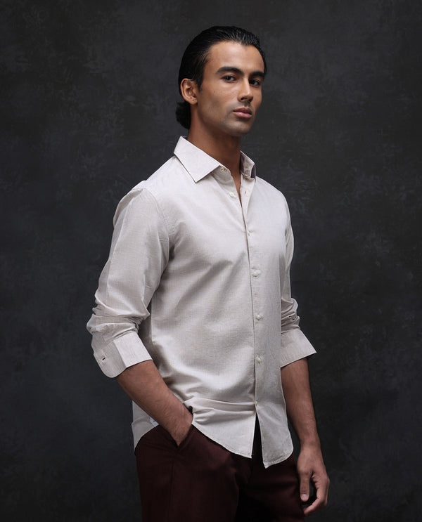 Rare Rabbit Men Dento Beige Cotton Linen Full Sleeve Regular Fit Stripe Print Business Linen Shirt