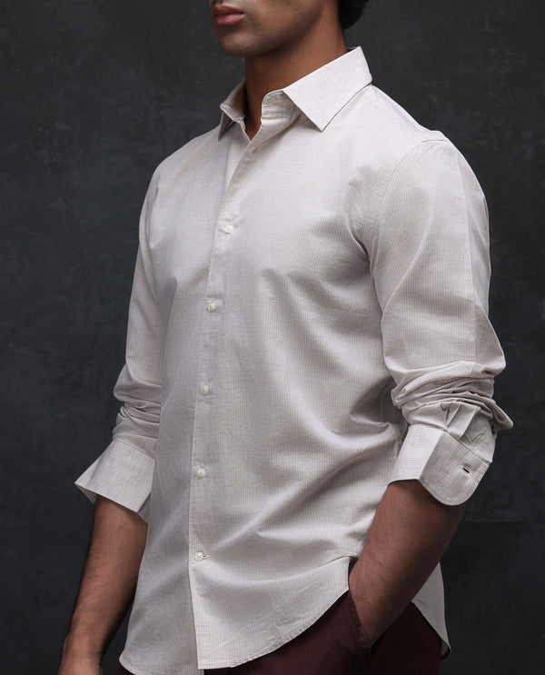 Rare Rabbit Men Dento Beige Cotton Linen Full Sleeve Regular Fit Stripe Print Business Linen Shirt