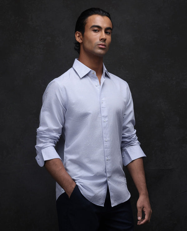 Rare Rabbit Men Dento Light Blue Full Sleeve Regular Fit Stripe Print Business Linen Shirt