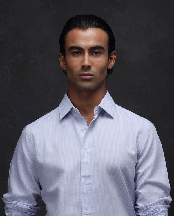 Rare Rabbit Men Dento Light Blue Full Sleeve Regular Fit Stripe Print Business Linen Shirt