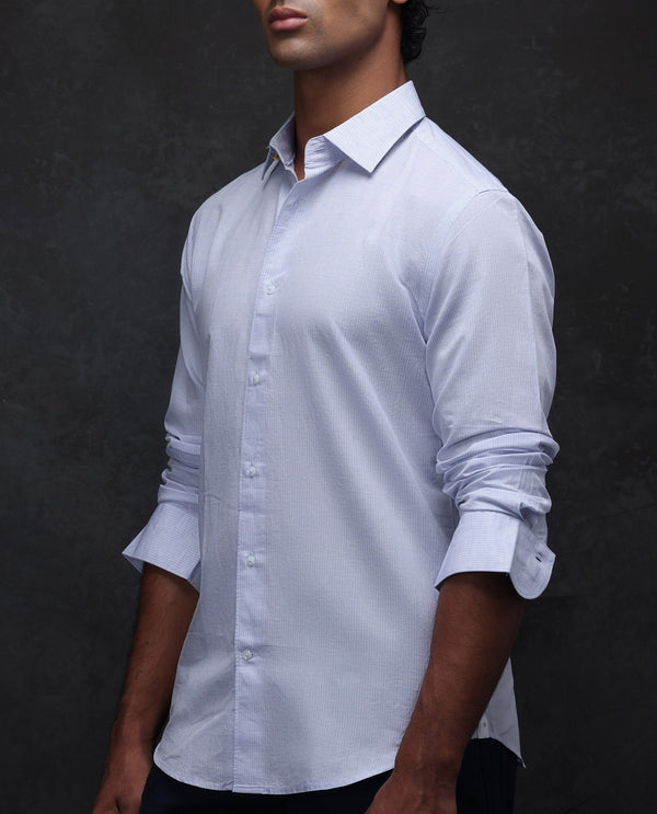 Rare Rabbit Men Dento Light Blue Full Sleeve Regular Fit Stripe Print Business Linen Shirt