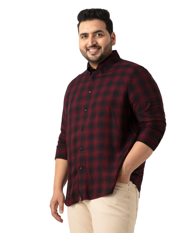 Rare Rabbit Men's Dahme Maroon Cotton Fabric Full Sleeve Collared Neck Button Closure Checked Shirt Plus Size