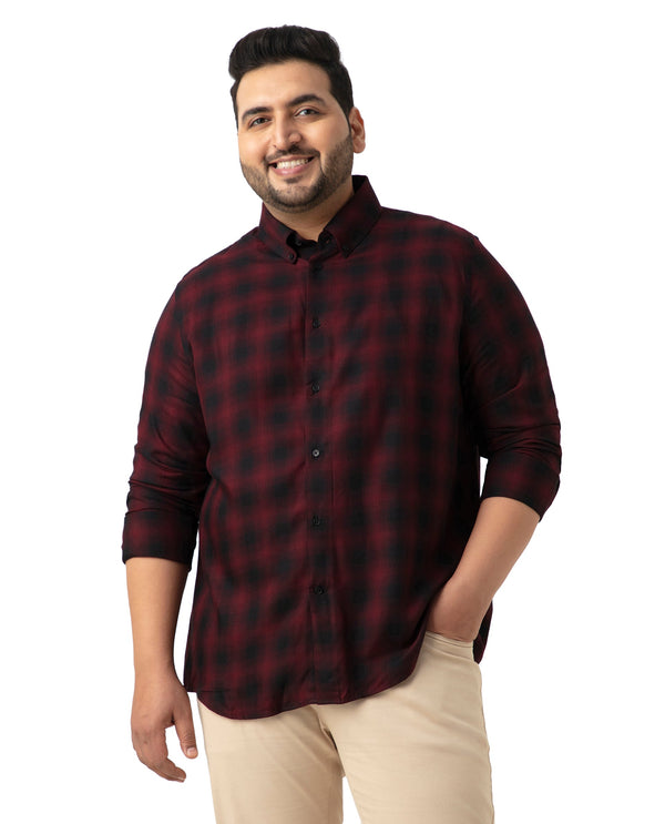 Rare Rabbit Men's Dahme Maroon Cotton Fabric Full Sleeve Collared Neck Button Closure Checked Shirt Plus Size