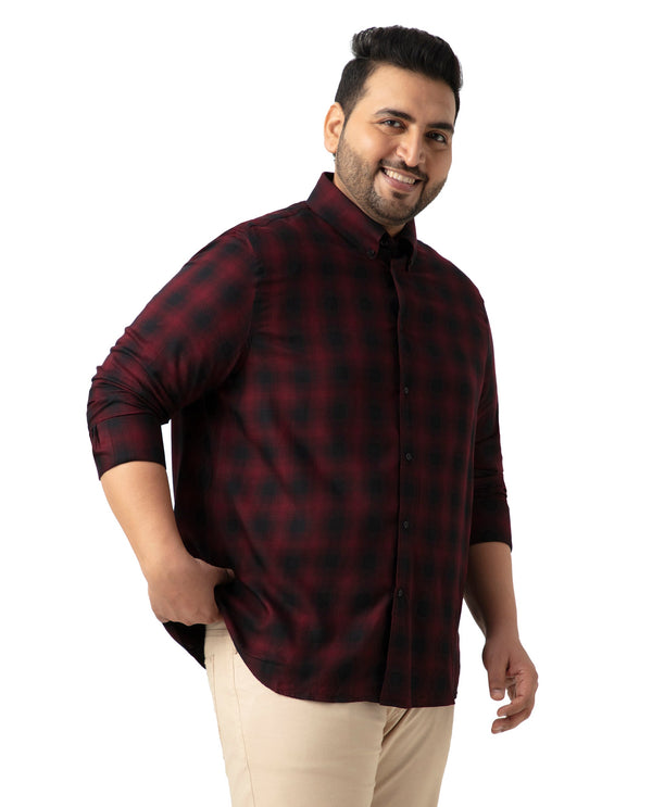 Rare Rabbit Men's Dahme Maroon Cotton Fabric Full Sleeve Collared Neck Button Closure Checked Shirt Plus Size