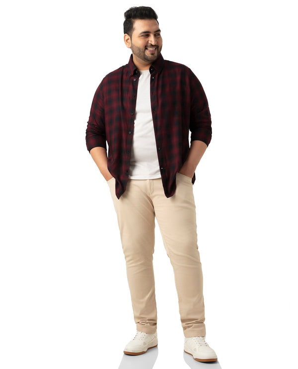Rare Rabbit Men's Dahme Maroon Cotton Fabric Full Sleeve Collared Neck Button Closure Checked Shirt Plus Size
