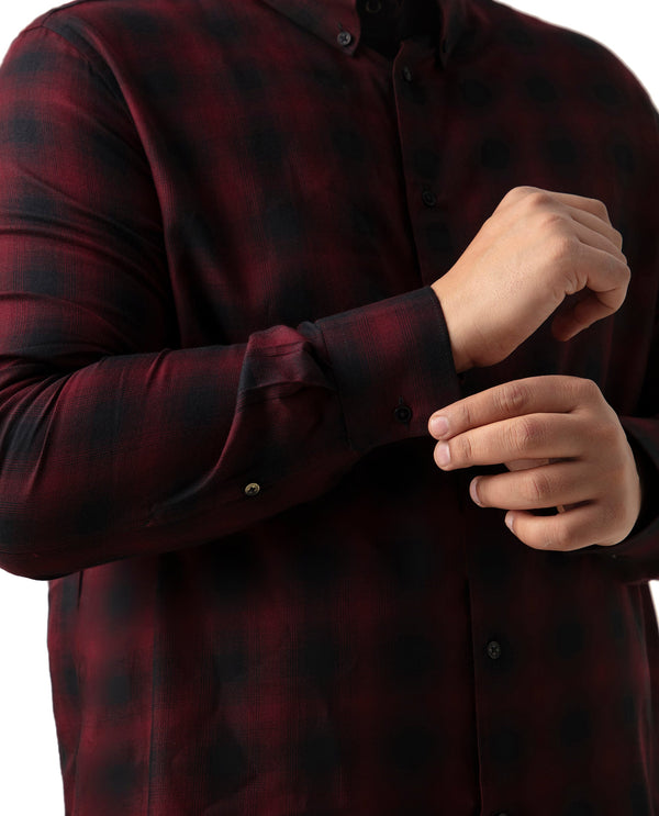 Rare Rabbit Men's Dahme Maroon Cotton Fabric Full Sleeve Collared Neck Button Closure Checked Shirt Plus Size