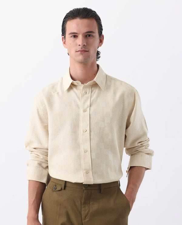 Rare Rabbit Men's Dob Beige Linen Blend Fabric Full Sleeve Regular Collared Button Closure Regular Fit Check Print Shirt