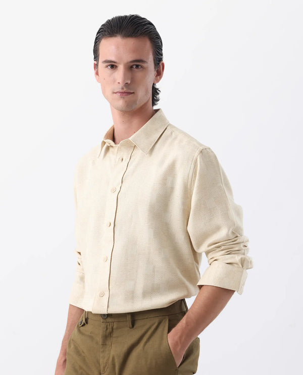 Rare Rabbit Men's Dob Beige Linen Blend Fabric Full Sleeve Regular Collared Button Closure Regular Fit Check Print Shirt