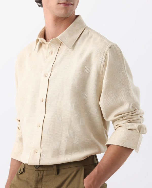 Rare Rabbit Men's Dob Beige Linen Blend Fabric Full Sleeve Regular Collared Button Closure Regular Fit Check Print Shirt