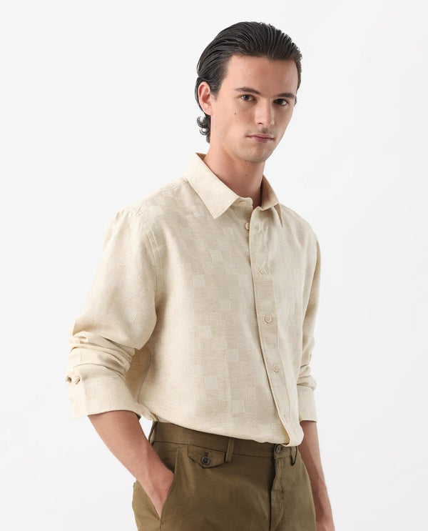 Rare Rabbit Men's Dob Beige Linen Blend Fabric Full Sleeve Regular Collared Button Closure Regular Fit Check Print Shirt