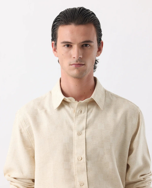Rare Rabbit Men's Dob Beige Linen Blend Fabric Full Sleeve Regular Collared Button Closure Regular Fit Check Print Shirt