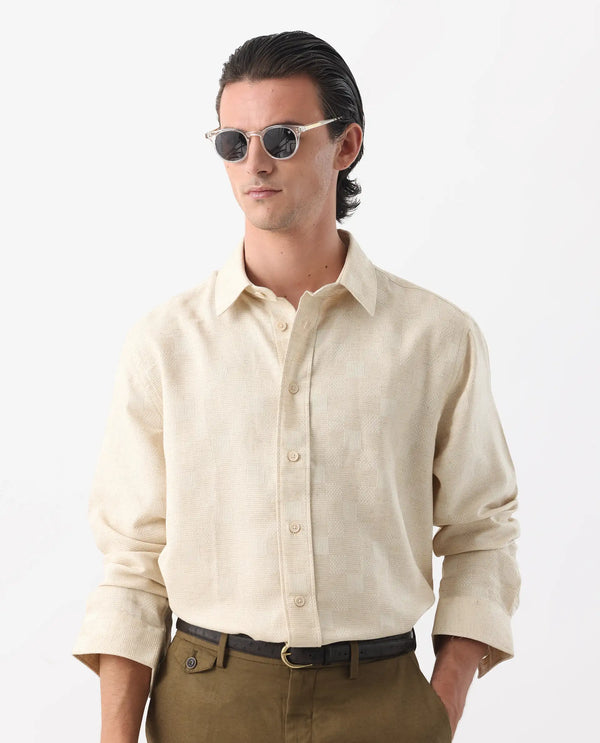 Rare Rabbit Men's Dob Beige Linen Blend Fabric Full Sleeve Regular Collared Button Closure Regular Fit Check Print Shirt