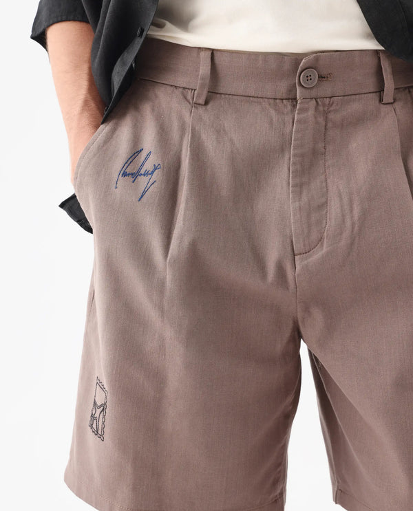Rare Rabbit Men's Jarny-B Light Brown Button Closure Regular Fit Embroidered Shorts