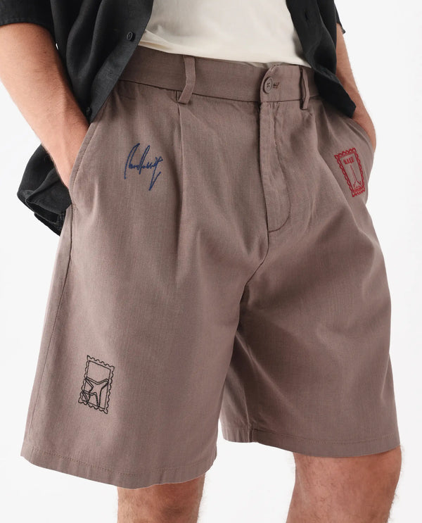 Rare Rabbit Men's Jarny-B Light Brown Button Closure Regular Fit Embroidered Shorts