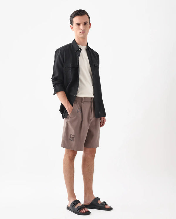 Rare Rabbit Men's Jarny-B Light Brown Button Closure Regular Fit Embroidered Shorts