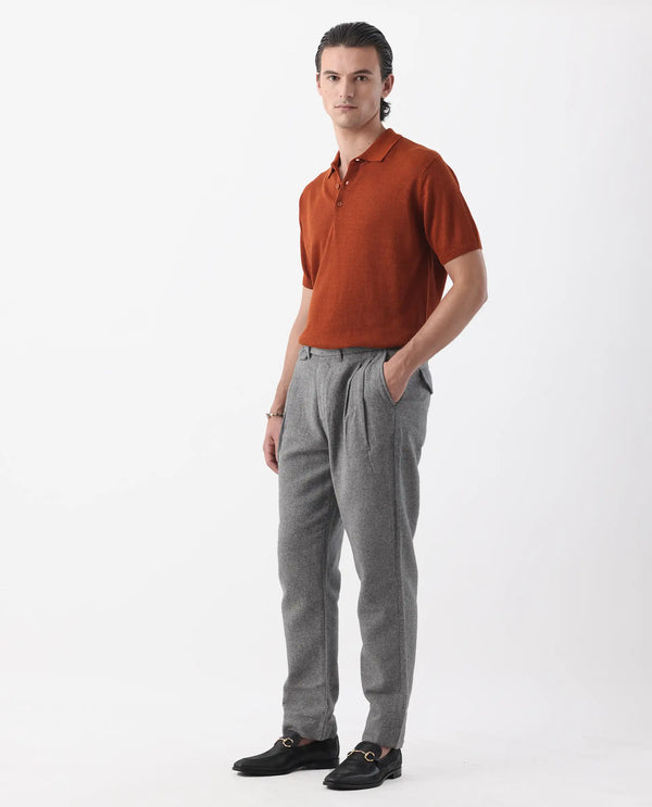 Rare Rabbit Men's Kaino Dark Grey Linen Fabric Button Closure Pleated Front Regular Fit Textured Trouser