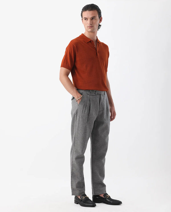 Rare Rabbit Men's Kaino Dark Grey Linen Fabric Button Closure Pleated Front Regular Fit Textured Trouser