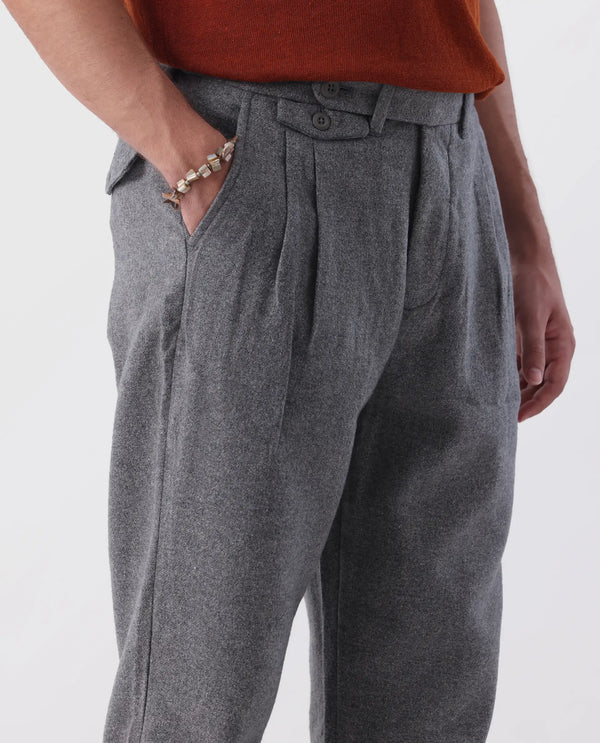 Rare Rabbit Men's Kaino Dark Grey Linen Fabric Button Closure Pleated Front Regular Fit Textured Trouser