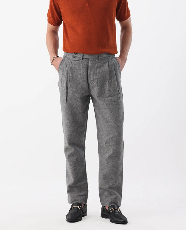 Rare Rabbit Men's Kaino Dark Grey Linen Fabric Button Closure Pleated Front Regular Fit Textured Trouser