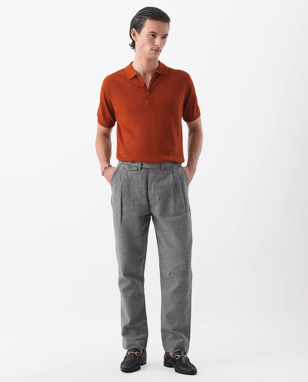 Rare Rabbit Men's Kaino Dark Grey Linen Fabric Button Closure Pleated Front Regular Fit Textured Trouser