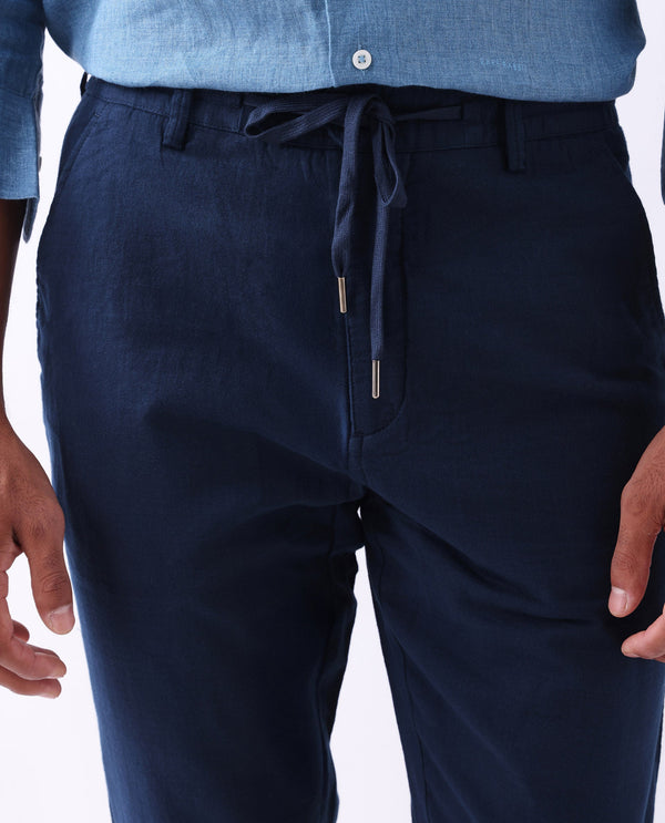 Rare Rabbit Men Pastor-25 Navy Cotton Elastane Fabric Drawstring Closure Plain Trouser