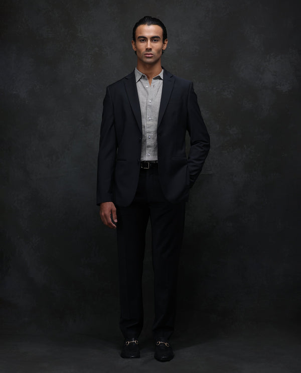 Rare Rabbit Men Arlo-B Black Wool Lapel Neck Button And Zip Closure Plain Suits