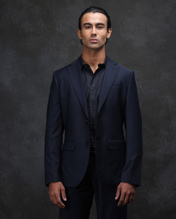Rare Rabbit Men Arbo-B Navy Polyester Lapel Neck Button And Zip Closure Plain Suits