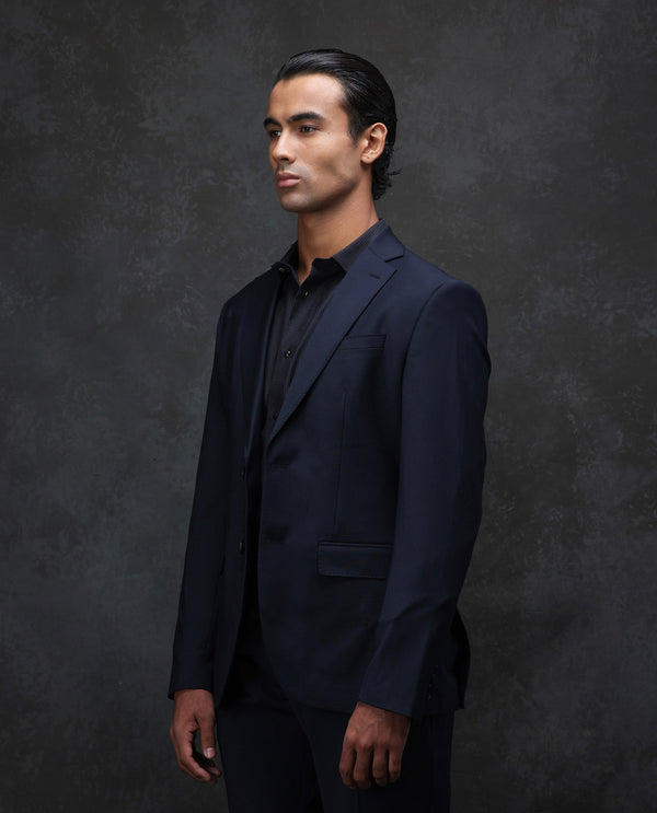 Rare Rabbit Men Arbo-B Navy Polyester Lapel Neck Button And Zip Closure Plain Suits