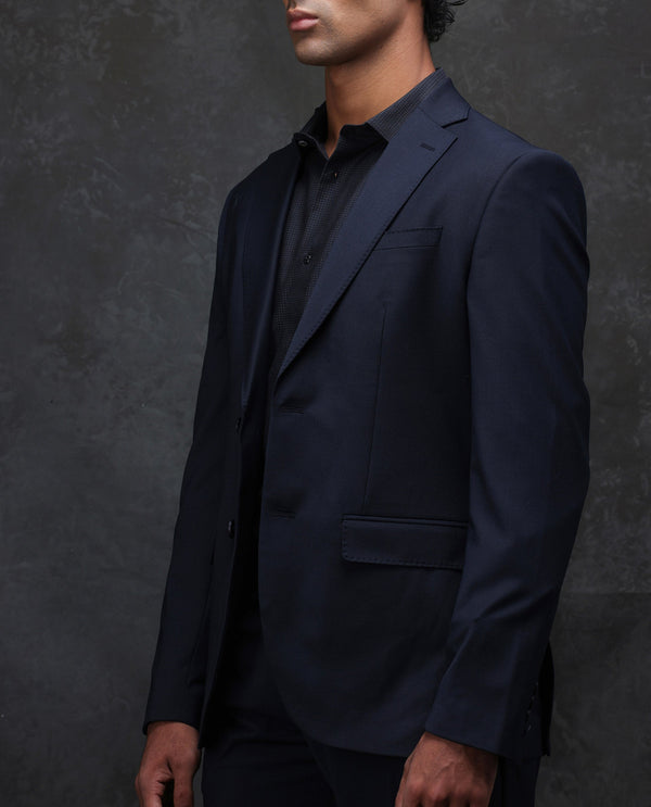 Rare Rabbit Men Arbo-B Navy Polyester Lapel Neck Button And Zip Closure Plain Suits