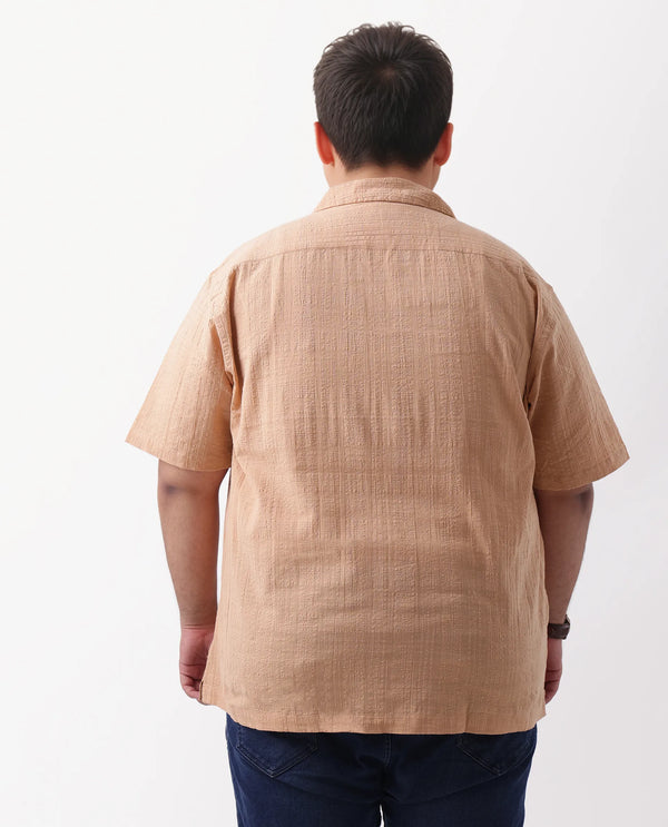Rare Rabbit Men's Dara-L Dusky Peach Cotton Fabric Half Sleeve Cuban Collar Button Closure Plus Size Fit Checked Shirt