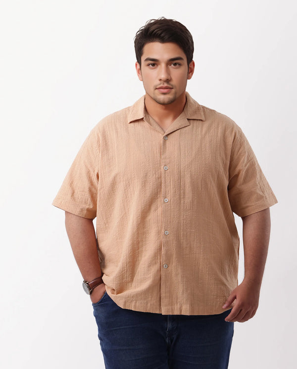 Rare Rabbit Men's Dara-L Dusky Peach Cotton Fabric Half Sleeve Cuban Collar Button Closure Plus Size Fit Checked Shirt