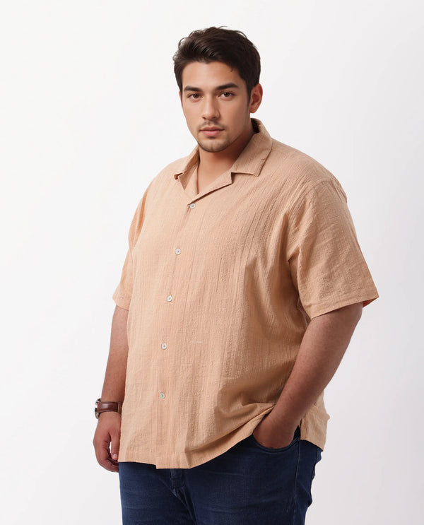Rare Rabbit Men's Dara-L Dusky Peach Cotton Fabric Half Sleeve Cuban Collar Button Closure Plus Size Fit Checked Shirt